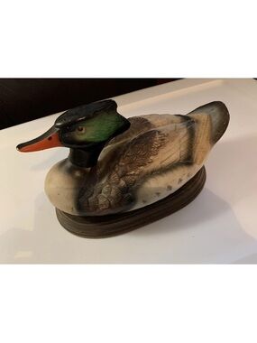 Vintage Hand painted Porcelain Duck on wooden block stand 10" long